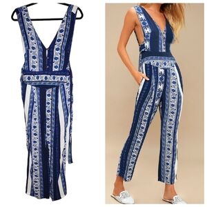 Free People All Shook Up Blue Print Sleeveless Jumpsuit Women's Size 2 Rayon